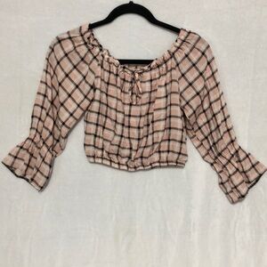Plaid Crop Top Off‎ Shoulder 3/4 Sleeve Tie Front Blouse